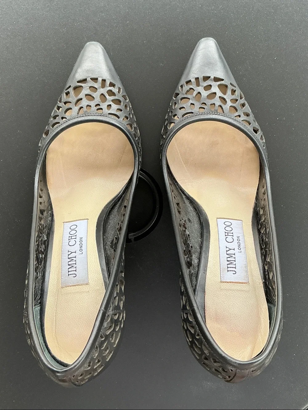 Jimmy Choo Black Laser-cut Kid Leather Romy 85 Pumps